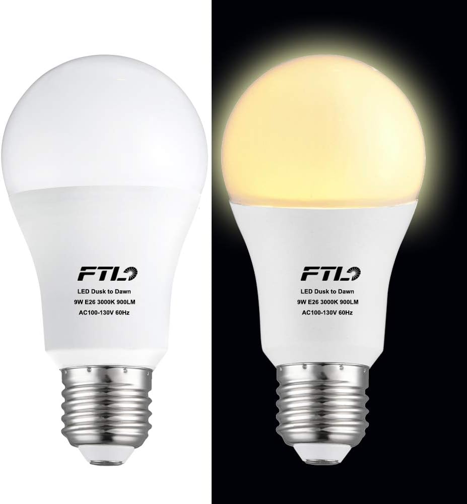 FTL Dusk Till Dawn Light Bulb LED 3000K Warm White 9W(60W Equivalent) 850LM A60 E27 Outdoor Light Sensor Bulb for Porch Garage