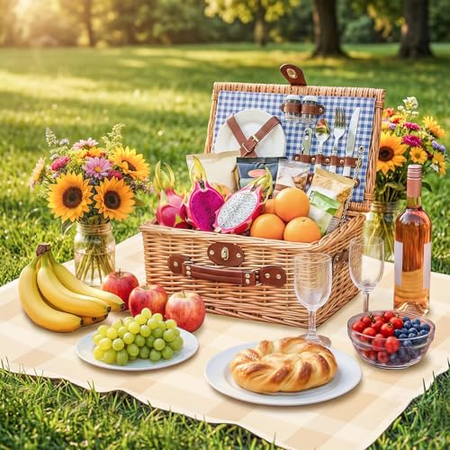Wicker Picnic Basket Wicker Picnic Basket for 2 Person - Picnic Set with Insulated Compartment, Plates, Cutlery, Wine Glasses, Corkscrew - Perfect for Beach, Country, Park & BBQ Gift