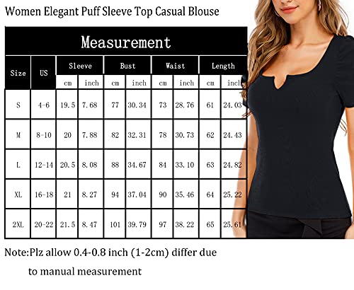 IECCP Womens Puff Short Sleeve Top V-Neck Tunic Casual Ribbed Knit T-Shirts Elegant Slim Blouse Yellow