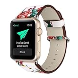 KOBWA Apple Watch Band 38mm, Premium Leather Strap Wrist Band Replacement with Stainless Metal Clasp for Apple Watch Series 1 Series 2 38mm All Models White And Red Flowers