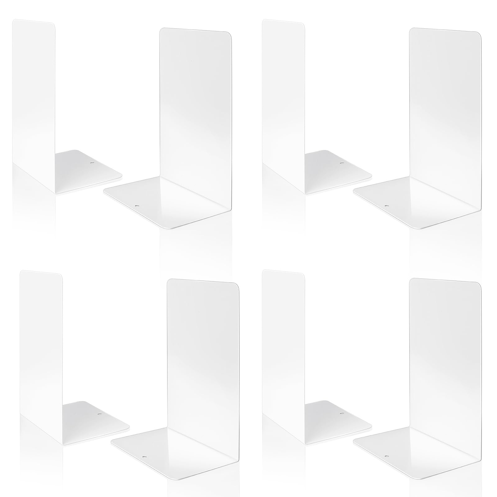 VONDERSO Metal Bookends, 4 Pairs White Metal Book ends Heavy Duty for Shelves Decor Home Office, Unique White Bookends Supports Anti-Slip for Kids