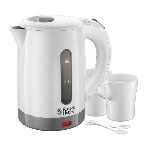 Russell Hobbs Electric 0.85L Travel Kettle, Small & Compact, Dual voltage, Ideal for abroad/caravan/camping, inc 2 cups & spoons, Removable washable anti-scale filter, water windows, 1000W, 23840