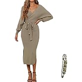 Yazinie Fall Wedding Guest Dresses for Women Batwing Open Back Dress for Women Wrap Knit Sweater Maxi Dress with Belt