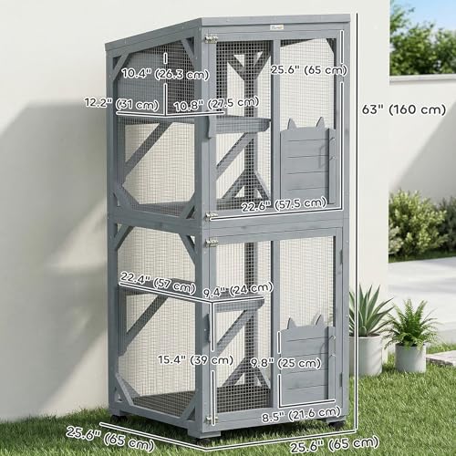PawHut Catio Outdoor Cat Enclosure, Wooden Cat House on Exercise Wheels Indoor Outdoor, Kitty Cage with Resting Box, Waterproof Roof, for 2 Cats, 25.6" x 25.6" x 63", Dark Grey