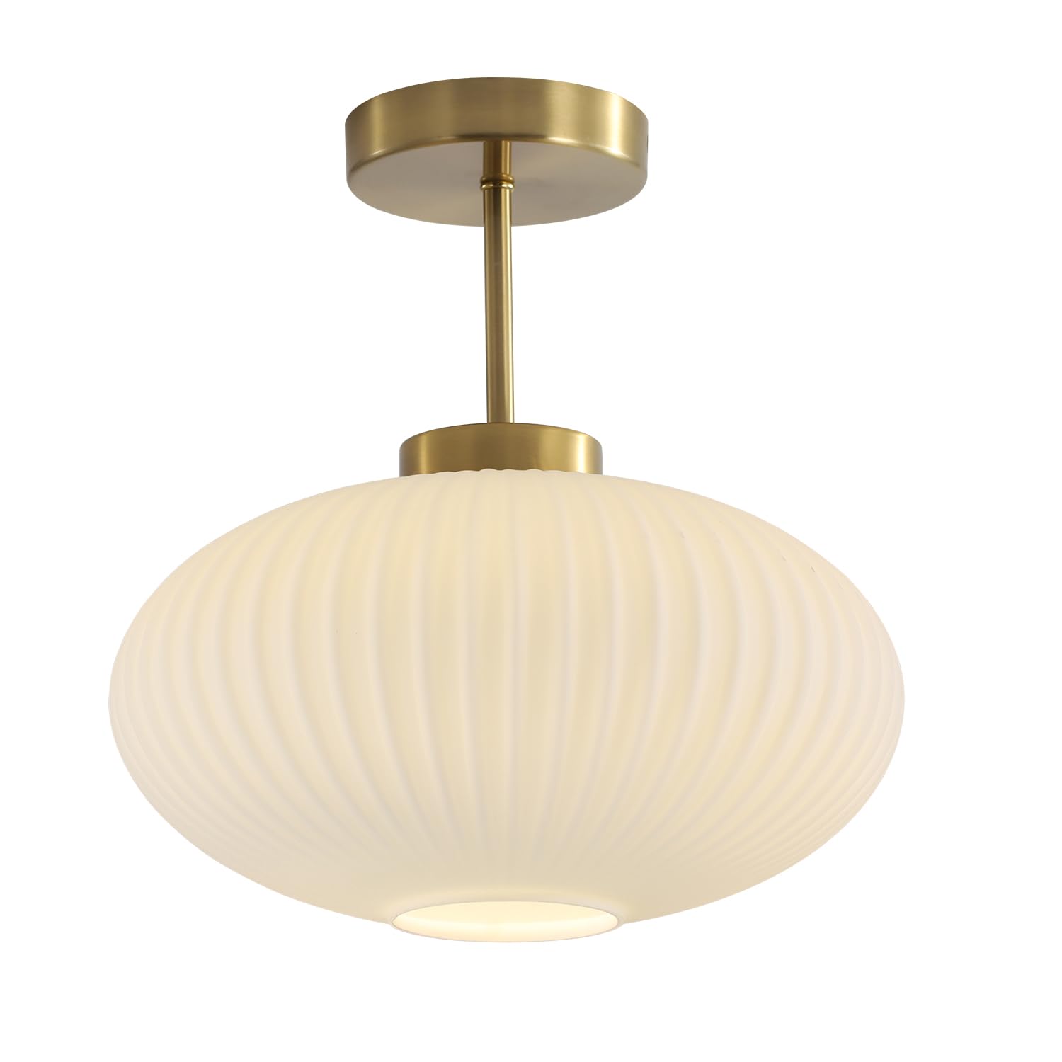 Photo 1 of KCO Lighting White Ribbed Glass Semi Flush Mount Ceiling Light Large Milk Glass Ceiling Lights Fixture Brushed Gold Flush Mount Bathroom Light Mid Century Modern Entry Lights