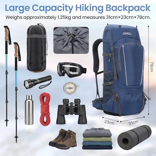 JOVELL 70L Hiking Backpack with Rain Cover, Travel and Camping Package for Outdoor Sports, Climbing, Touring and Hiking, Backpack Luggage for Men and Women, blue, Hiking Backpack