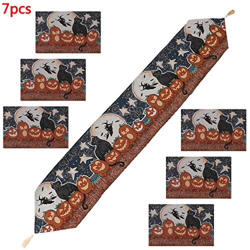 LOCOLO Halloween Table Runner with Tassels and 6 Pcs Place Mats, Washable Tablecloths Sets for Halloween Party, Dinner Parties and Home Decorations