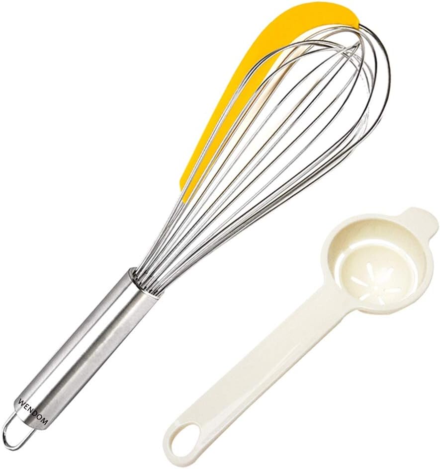 WENDOM 2-IN-1 Egg Whisk Integrated Silicone Bowl Scraper, Stainless Steel Large 12.6inch Hand Egg Beater Yellow Set Included Egg Separator