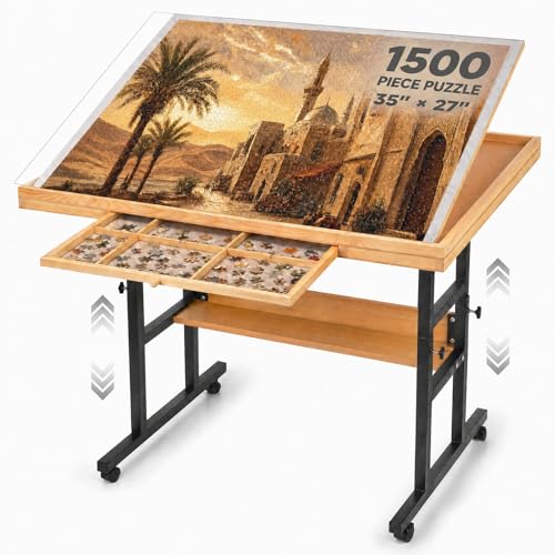 Jigsaw Puzzle Table 1500 Pieces Adjustable Height Puzzle Board, Puzzle Table Anti Slip Felt with Leg Rolling, Sorting Drawer, Cover and Storage for Adults Birthday Gift