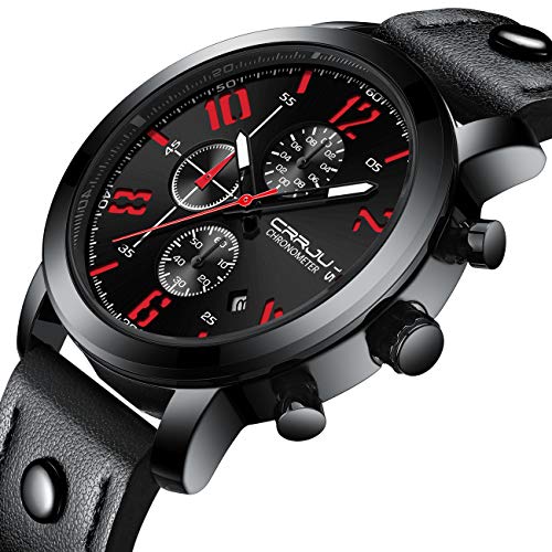 CRRJU 3-Sub Dial Men Business Sport Military Calendar Wrist Watches with Leather Black Belt