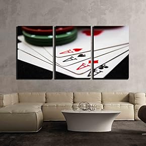 3 Piece Canvas Wall Art - Cards Laying Around with Poker Chips on top. - Modern Home Art Stretched and Framed Ready to Hang - 16"x24"x3 Panels