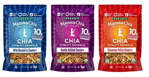 Mamma Chia Organic Chia Vitality Granola 3 Flavor Variety Bundle: (1) Mamma Chia Wild Blueberry, (1) Mamma Chia Vanilla Almond, and (1) Mamma Chia Cinnamon Pecan, 9 Oz. Ea