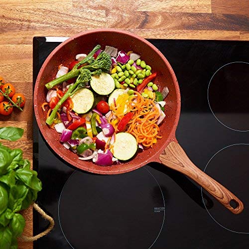 Copper Non Stick Frying Pan with Premium High Performance Stone Coating Bakelite Wood Effect Handle & FREE Stand Alone Lid 28cm | Perfect Healthy Dry Frying