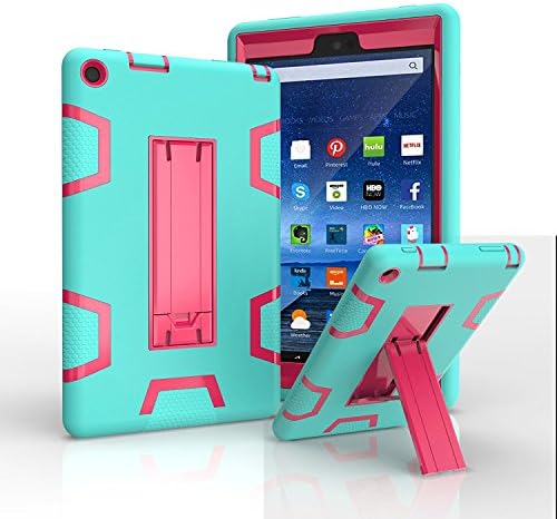 Jautenier Case for Amazon Fire HD 8 (2016 6th Generation), Kids Shock Proof High Impact Hybrid Drop Proof Armor Defender Protection Cover Built With Stand for All-New Fire HD 8 Tablet (Green/Rose)