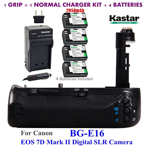 Kastar Pro Multi-Power Vertical Battery Grip (Replacement for BG-E16) + 4x LP-E6 Replacement Batteries + Charger Kit for Canon EOS 7D Mark II (Not for EOS 7D) Digital SLR Camera