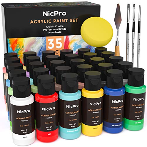 Nicpro 30 Colors Bulk Acrylic Paint Set/Bottle (2 oz, 60ml) with 3