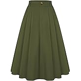 Belle Poque Women Vintage Pleated Skirt with Pockets A Line Midi High Elastic Waist Flared Skirt for Office Daily