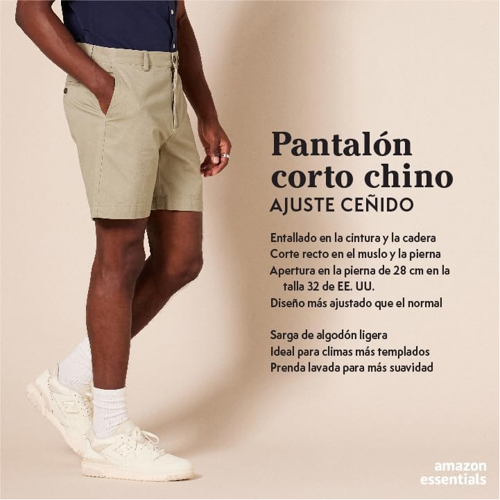 Pantalones Cortos Chinos de Corte Ajustado de 18cm Hombre, Caqui, 33W