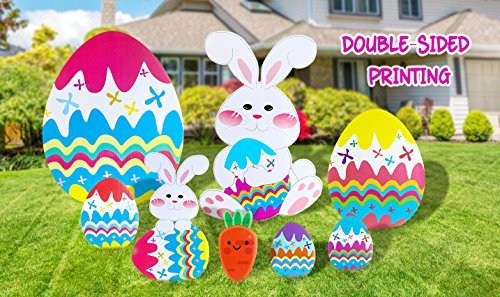Jumbo Easter Decorations Yard Signs Outdoor Bunny, Easter Eggs And Carrot Yard Signs with Stakes for Easter Hunt Game, Easter Props - 8 Pieces