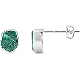 LUSTRE AND LIGHT Natural Raw Gemstones Stud Earrings for Women in Sterling Silver, Birthstone Jewelry Gifts for Her Birthday, Anniversary, Graduation (Bezel-Set, 6x4mm)