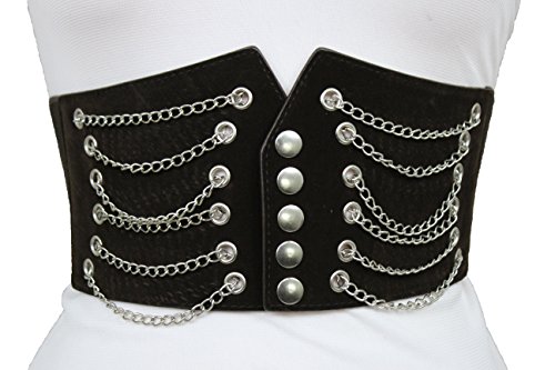 TFJ Women Fashion Corset Belt Elastic Dark Brown Silver Metal Chain High Waist Plus M L