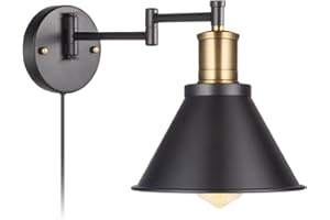 ArcoMead Swing Arm Wall Lamp Plug-in Cord Industrial Wall Sconce, Bronze and Black Finish,with On/Off Switch, E26 Base,1-Light Bedroom Wall Lights Fixtures,Bedside Reading Lamp