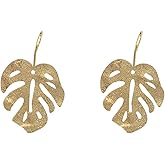 Gold Plated Palm Leaf Dangle Earrings for Women Bohemian Vintage Cutout Matte Chic Monstera Leaves Summer Tropical Plant Lightweight Hook Earrings for Minimalist Birthday Christmas Fashion Jewelry Gifts