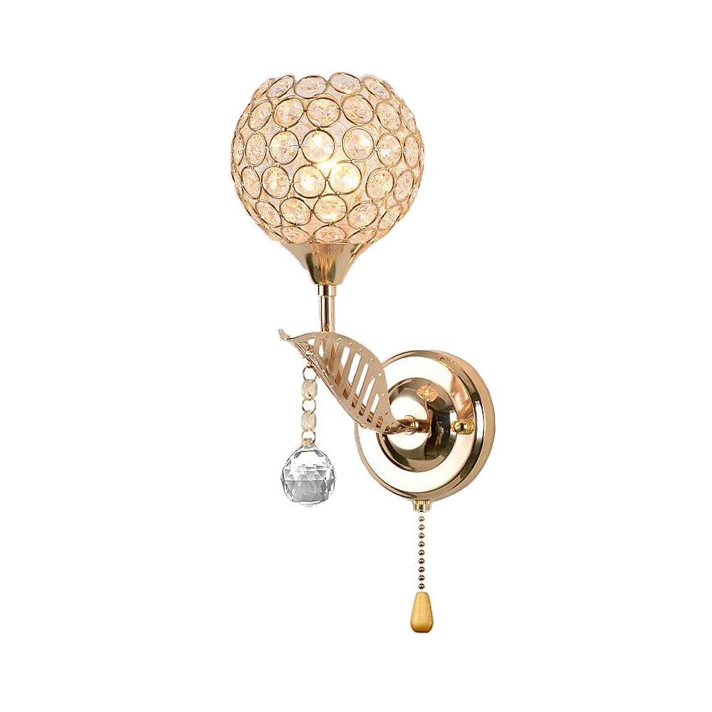 WeFoonLo Modern Crystal Wall Light Pendent Lamp Chrome Finish Bedroom Sconce Lighting Fixture with Pull Cord Switch, E14 Socket (Gold)