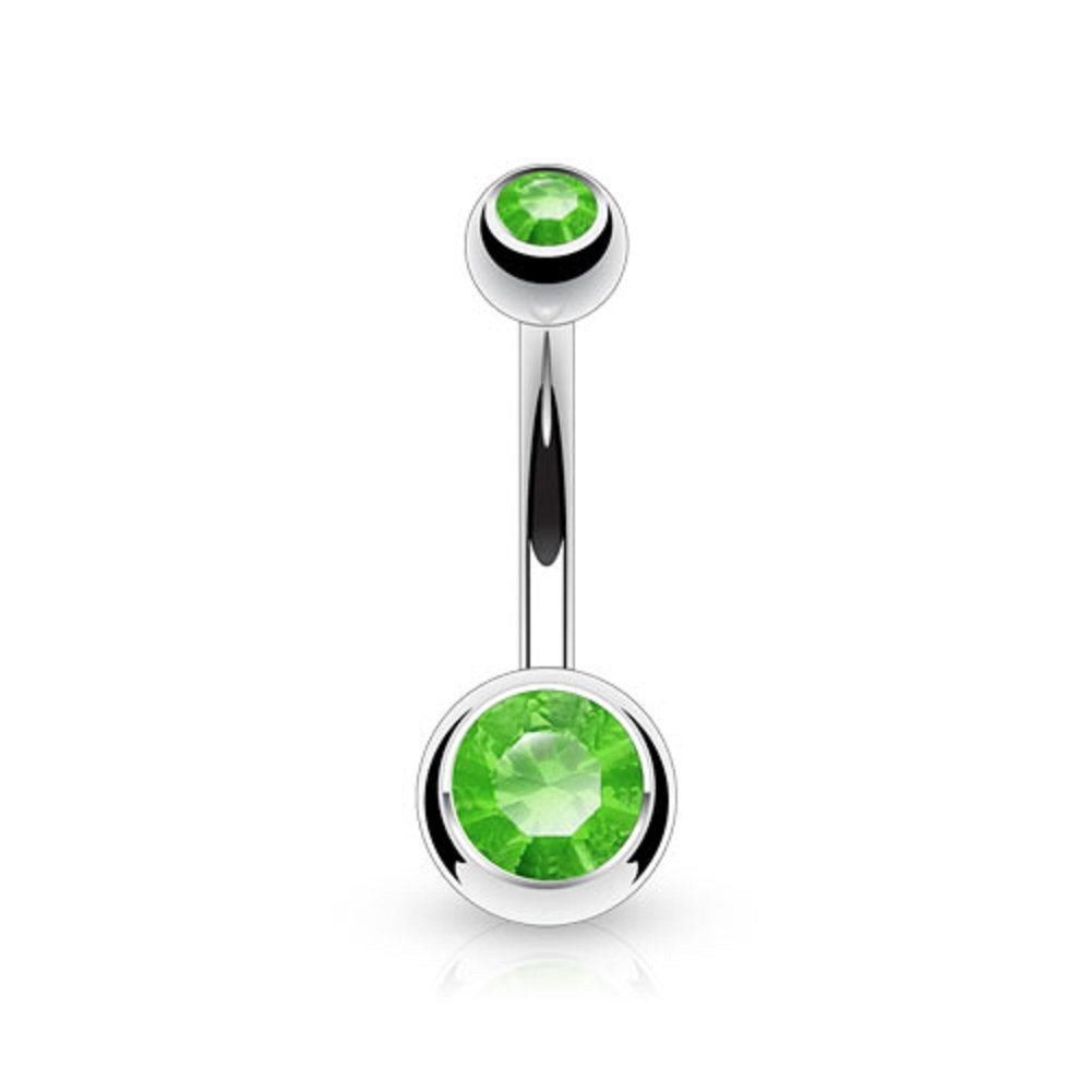 PiercedOff Titanium Belly Bar with Externally Threaded Green CZ Gem Balls - Thickness 14GA (1.6mm) / Length 10mm / Ball Sizes 5mm Top and 8mm Bottom โ image 1