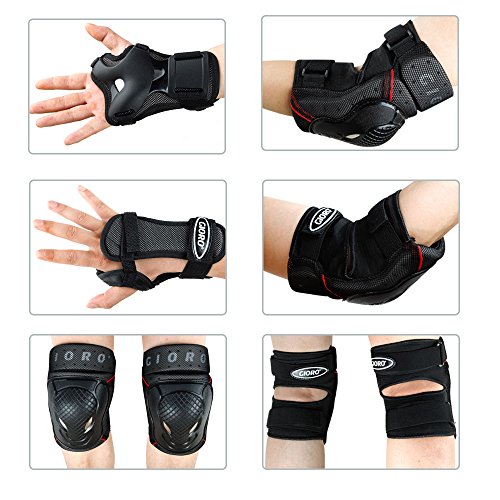 GIORO Youth/adult Knee Pads and Elbow Pads Set with Wrist Guard Safety Protective Gear Set for Multi Sports Protection Skateboarding,Ice Skating,BMX bike,Inline Roller Skating，longboarding(black, M) - Thumbnail 4