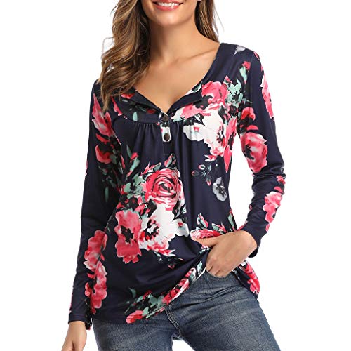 DOIuye Womens Tops Paisley Printed Button Long Sleeve T-Shirts V Neck Pleated Swing Flare Soft Shirts Blouses