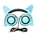 Cat Ear Headphones with Glowing Lights for Kids, IPRO Wired Gaming Folding LED Anime Over Head Earphone with Flashing Ears for Computer, Tablet, Phones, MP3, MP4, etc - Blue