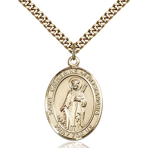 Gold Filled St. Catherine of Alexandria Pendant 1 x 3/4 inches with Heavy Curb Chain