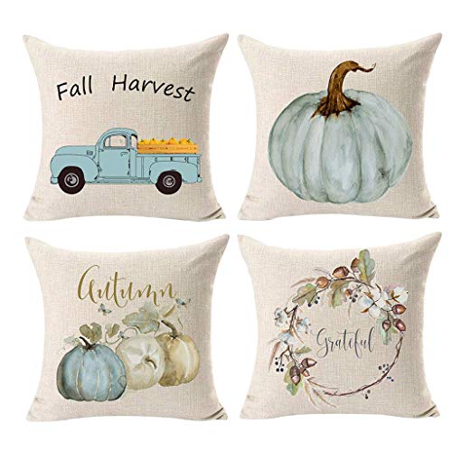 Winsummer Set of 4 Autumn Thanksgiving Pillow Covers Fall Pumpkin Harvest Decorative Pillowcases Halloween Pillow Case Cotton Linen Farmhouse Decor Throw Cushion Covers for Car Sofa Bed Couch