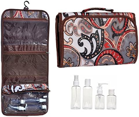 Red Paisley New Large Hanging Travel Makeup Toiletries Cosmetic Bag Case Organizer with 4 Pack Travel Size Bottle Set Gift Idea Teen Girls Women Mom (Style3)