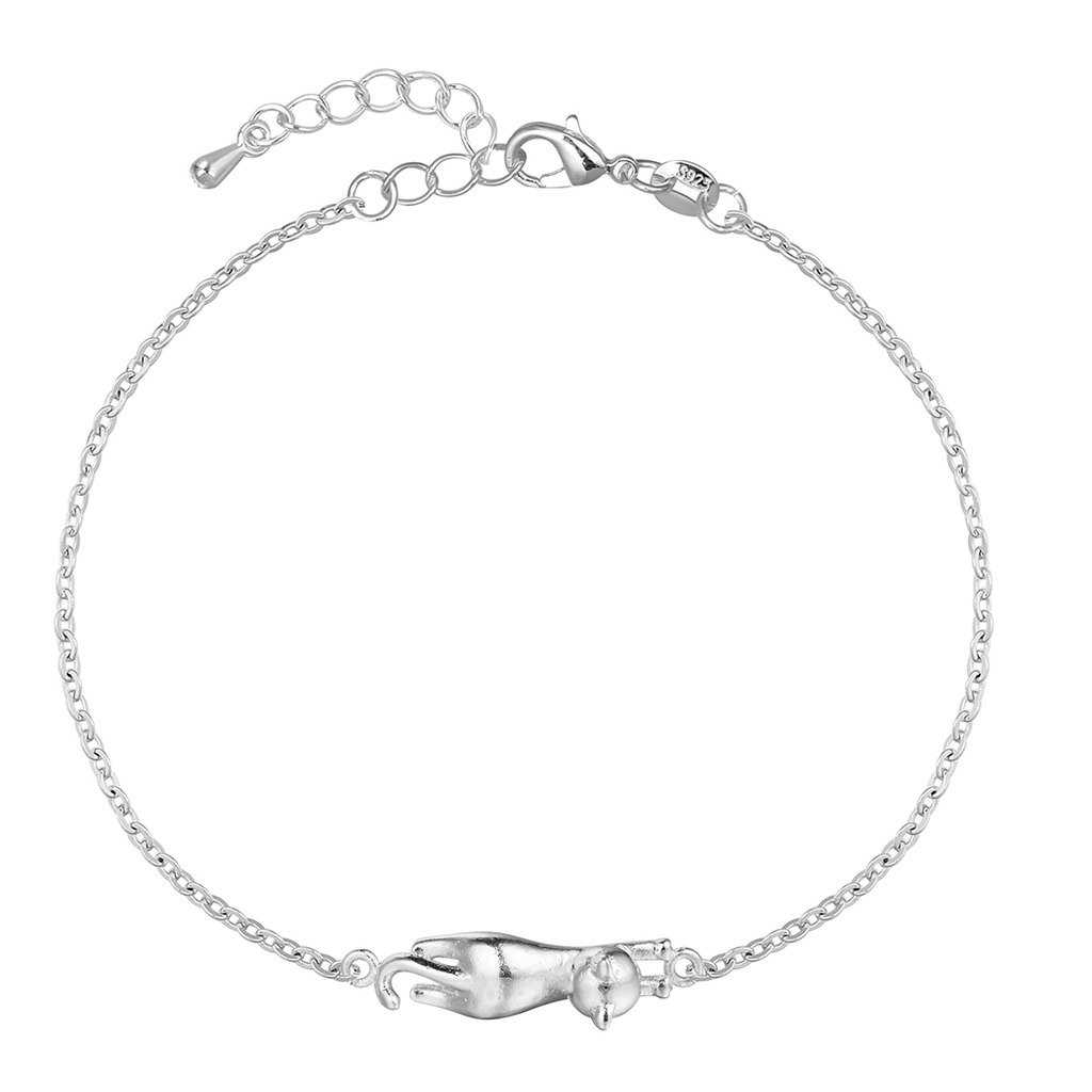 QIANDI Cute 3D Cat Animal Chain Charms Adjustable 925 Sterling Silver Bracelet Bangle for Girls Women Jewelry
