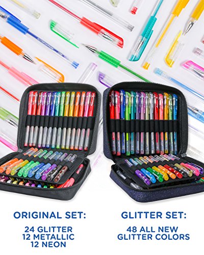 ColorIt 96 Gel Pens For Adult Coloring Books - 2 Travel Case Gel Pen Sets with 72 Glitter, 12 Metallic, 12 Neon Plus 96 Matching Colored Gel Ink Refills