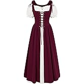 SCARLET DARKNESS Renaissance Costume Women Peasant Medieval Dress Short Sleeve Maxi Fairy Dresses with Pockets