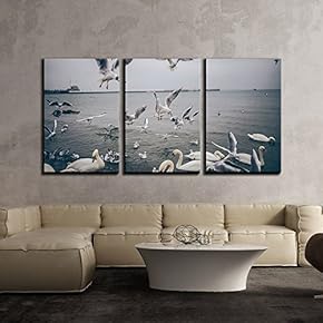 3 Piece Canvas Wall Art - Birds Swimming by The Seaside - Modern Home Art Stretched and Framed Ready to Hang - 16"x24"x3 Panels