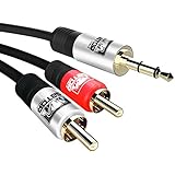 Gator Cable Red and Silver auxiliary 3.5mm audio plug male to 2 RCA plug male stereo digital and analog high speed cord with durable rugged aluminum housings case 24k gold plated connectors