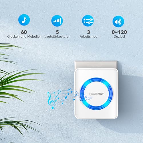 TECKNET Wireless Bell, IP65 Wireless Bell Set, Outdoor Waterproof, Wireless Doorbell 600 m Range, Front Door Bell, 2 Transmitters, 4 Plug-In Receivers, 60 Melodies Doorbell and Bell Push with LED Flash