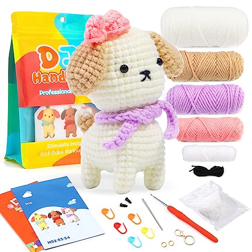 ZMAAGG Crochet Kit for Beginners, Crochet Animal Kit, Beginner Crochet Kit, Knitting Kit for Adults with Step-by-Step Instructions Video, Crochet Yarn, Valentine's Day (White Dog)