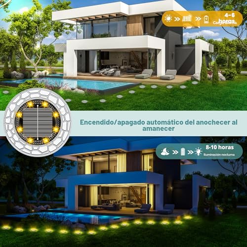 FIFlying 10 Pieces Solar LED Outdoor Garden Lights, 8 LED Solar Lights Outdoor Garden Floor, Stainless Steel, LED Solar Garden Lights for Lawn, Path, Sidewalk, Patio, Warm White