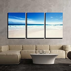 3 Piece Canvas Wall Art - Seychelles Beach - Modern Home Art Stretched and Framed Ready to Hang - 16"x24"x3 Panels
