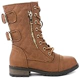 JJF Shoes Mango-79 Kids Tan Combat Lace Up Quilted Dual Buckle Zip Decor Mid Calf Motorcycle Boots-1