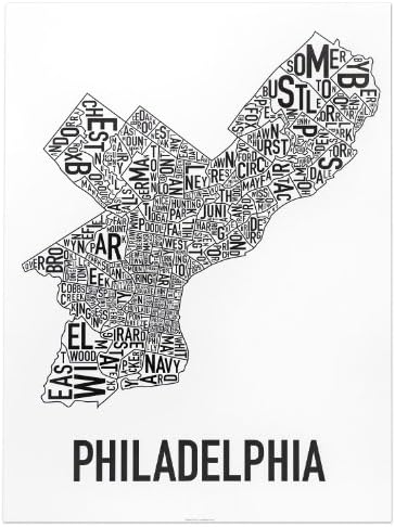 Philadelphia Neighborhoods Map Art Poster, Black & White, 18" x 24"