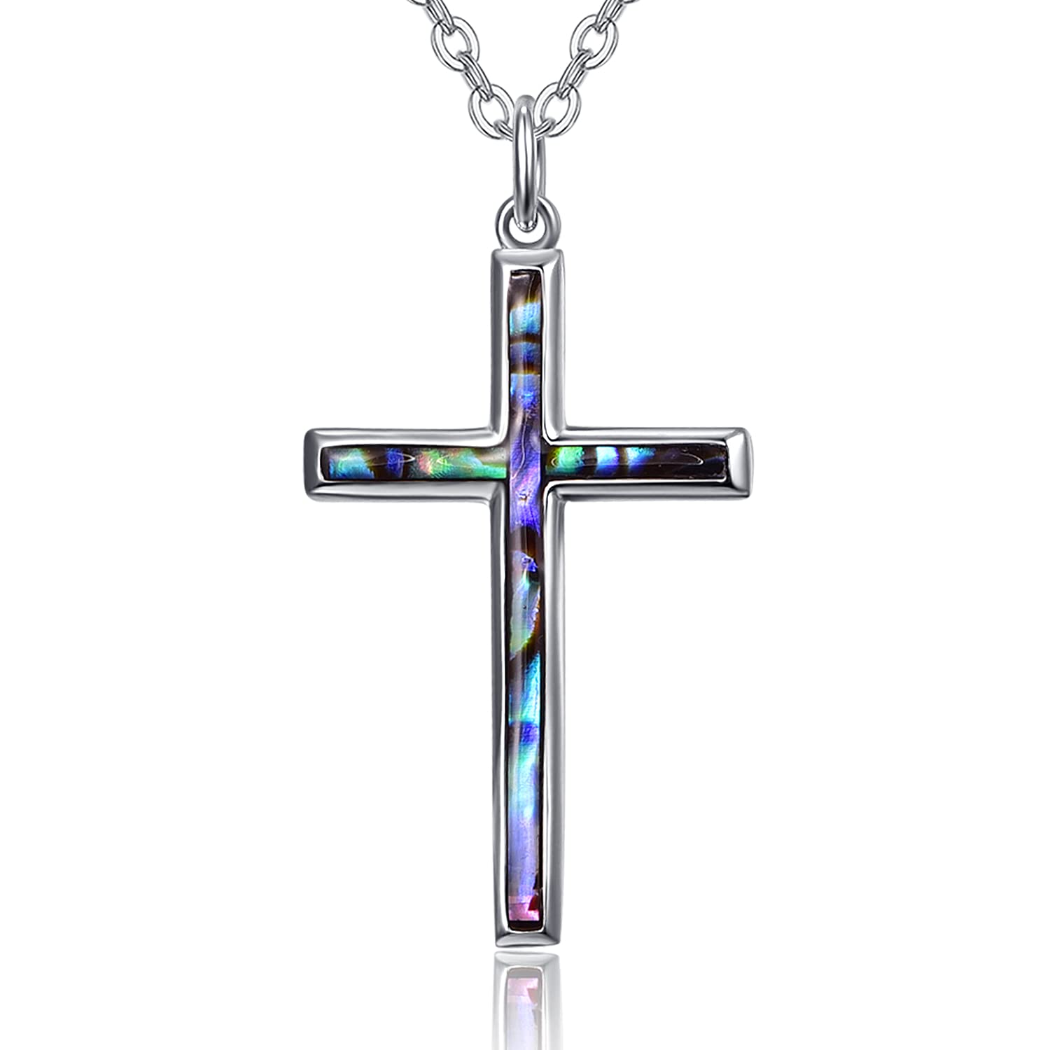TANGPOET Cross Necklace 925 Sterling Silver Crucifix Pendant Religious Christian Baptism Cross Chain with Abalone Valentines Day Jewelry Gifts for Family Friends