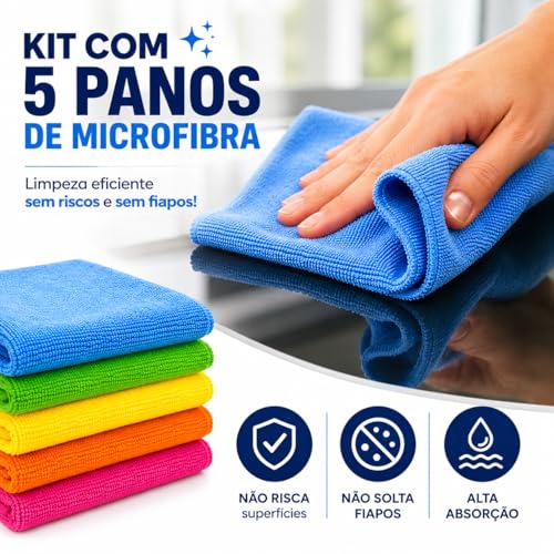 Pano de Microfibra Kit Com 5 unidades, Não Solta Fiapos e Pelinhos, Não Risca, Perfeito Para Lavagem de Carros, Multiuso, Lavável, Reutilizável, Limpeza, Automotivo, Vidro, Doméstica, Limpa Espelho