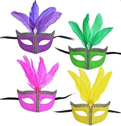 Sparkle Mysterious Mystique Mardi Gras Party Mask 4pk Comfort Molded with Sexy Black tie Back Ribbon Closure (Yellow, Fuschia, Green, Purple) Let The Good Times Roll
