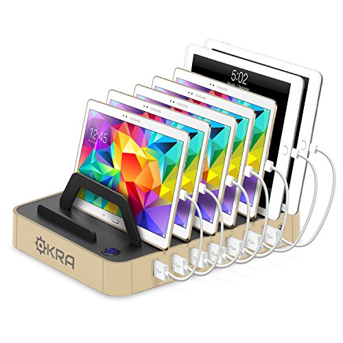 Okra 7-Port USB 16.8A Charging Station PRO [Most Powerful] Universal Desktop Tablet & Smartphone Multi-Device Hub Charging Dock for iPhone, iPad, Galaxy, Tablets [Charge 7 Tablets at Once] (Gold)